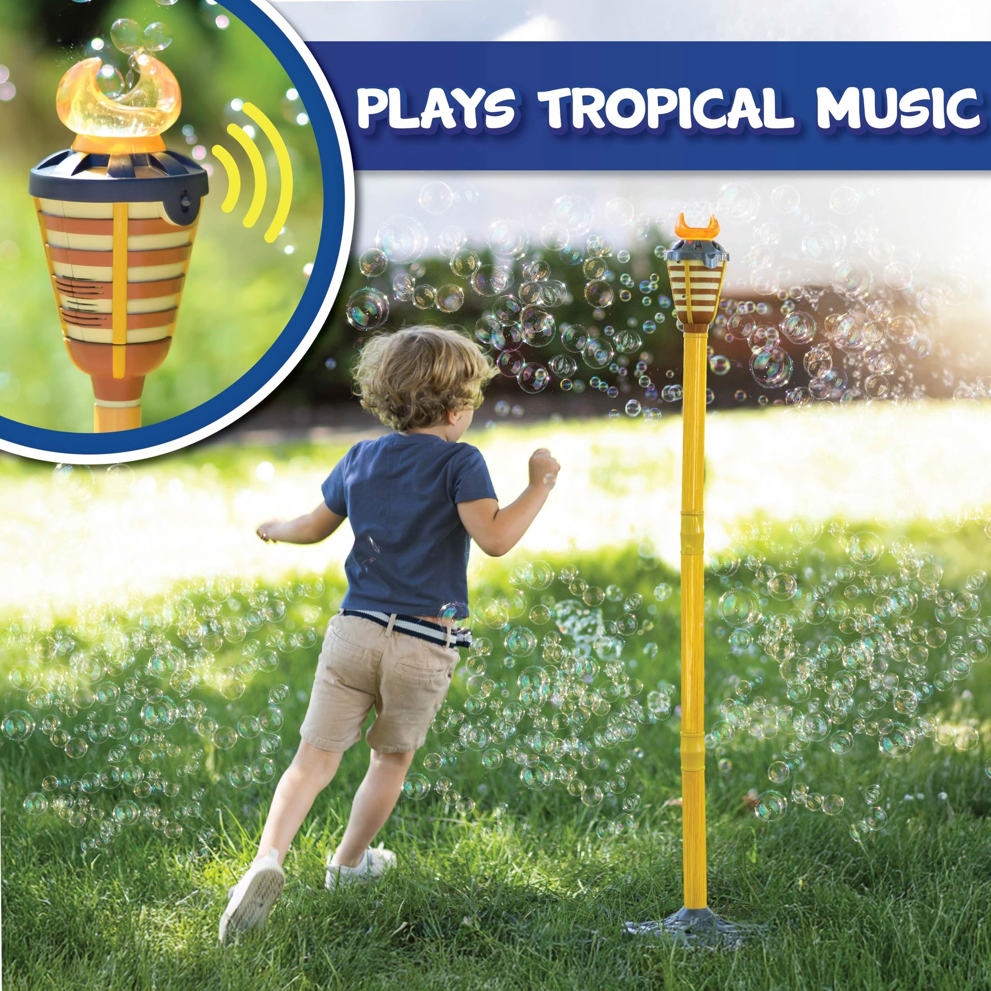 Tiki Torch Bubbler - Bubble Machine with Lights and Music, Bubble Blower and Wand, Rechargable Outdoor Toy for Kids Teens Adults, 4 Feet Tall, Includes 4oz Bubble Solution - CookCave