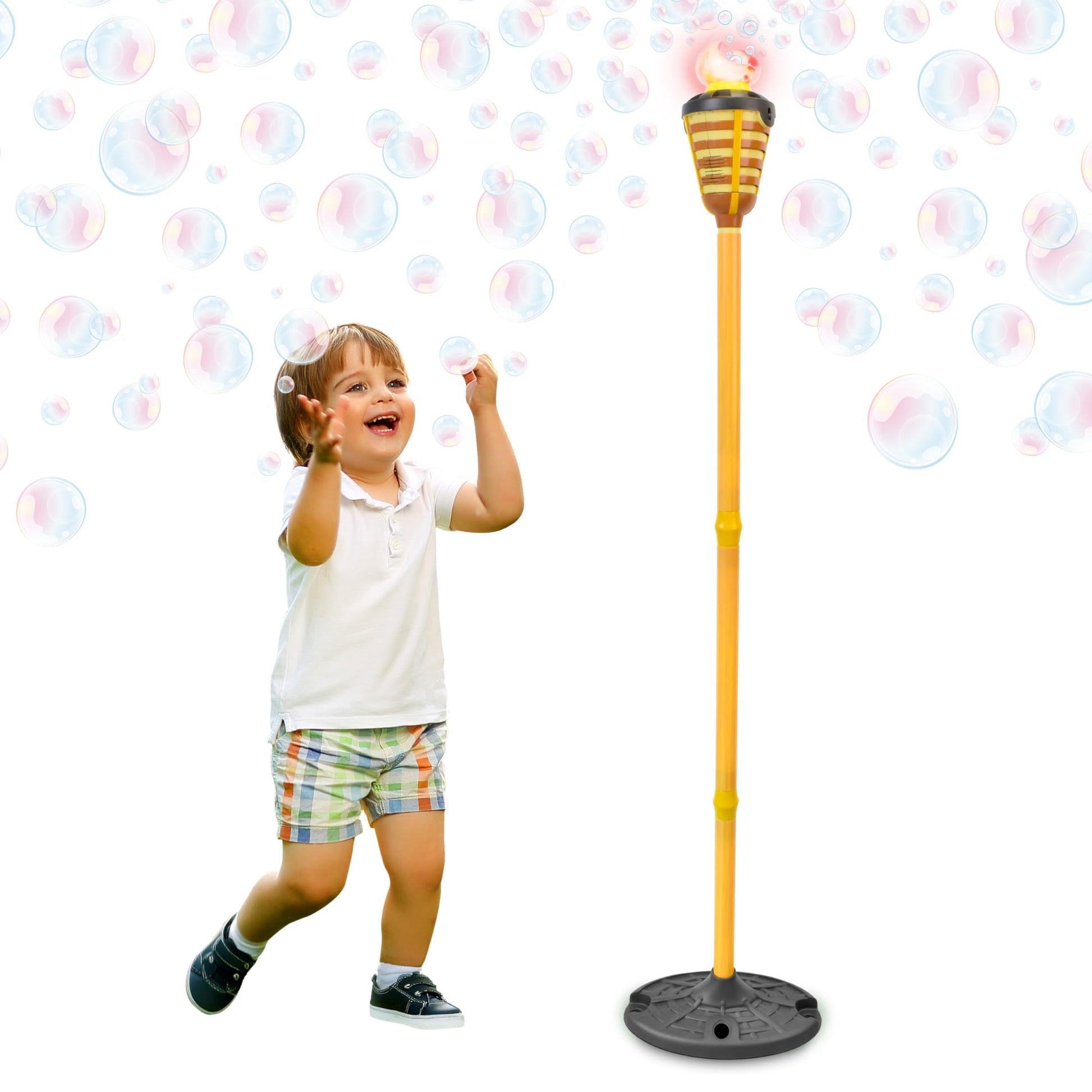 Tiki Torch Bubbler - Bubble Machine with Lights and Music, Bubble Blower and Wand, Rechargable Outdoor Toy for Kids Teens Adults, 4 Feet Tall, Includes 4oz Bubble Solution - CookCave