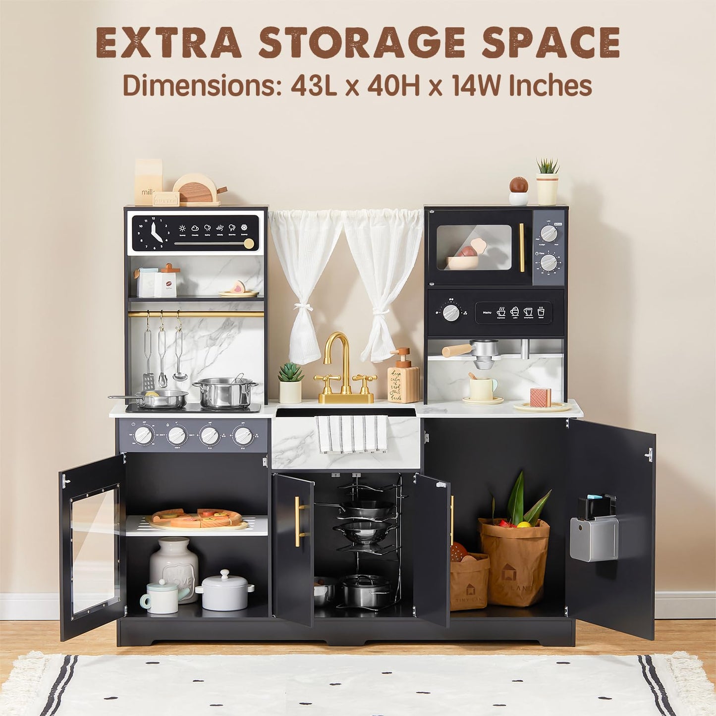 Tiny Land Play Kitchen for Kids, Wooden Play Kitchen Sets for Girls and Boys, New Modern Toddler Kitchen Toy Kitchen Designed in Trendy Home Style, Gift for Ages 3+ - CookCave