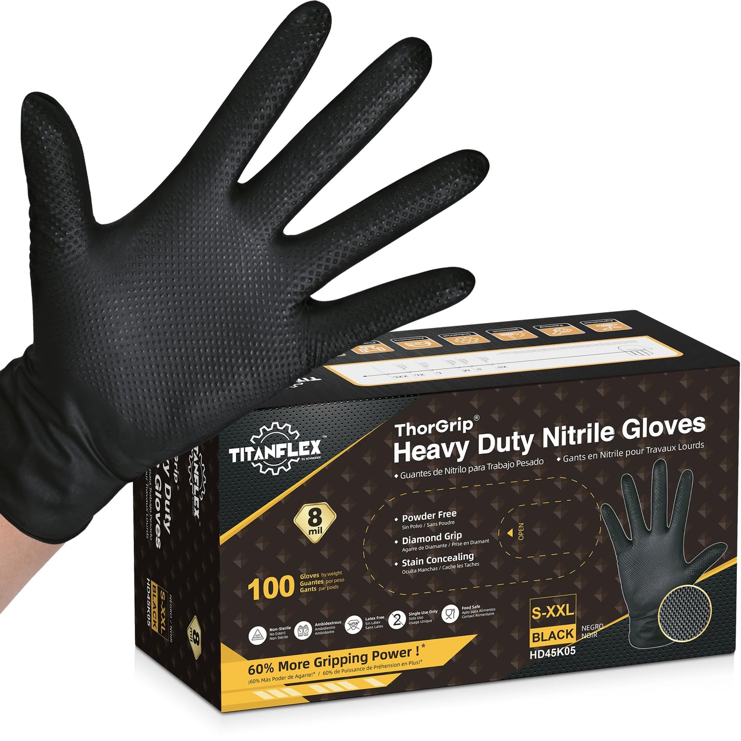 TitanFlex ThorGrip Heavy Duty Black Industrial Nitrile Gloves, 8-mil, Large, Box of 100, Latex Free, Raised Diamond Texture, Powder Free, Food Safe, Rubber Gloves, Mechanic Gloves - CookCave
