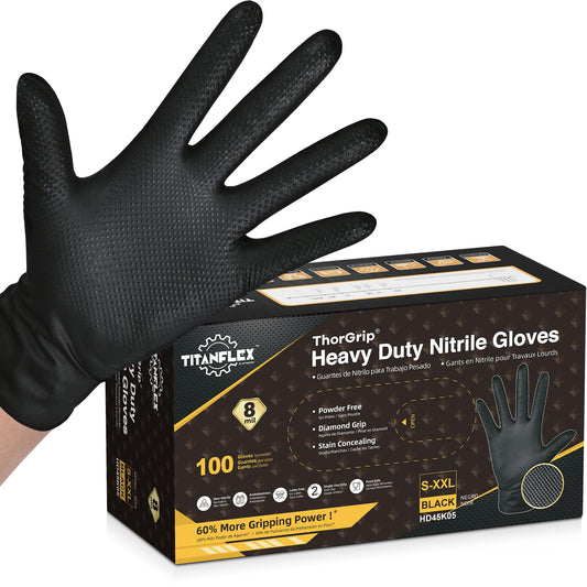 TitanFlex ThorGrip Heavy Duty Black Industrial Nitrile Gloves, 8-mil, Large, Box of 100, Latex Free, Raised Diamond Texture, Powder Free, Food Safe, Rubber Gloves, Mechanic Gloves - CookCave
