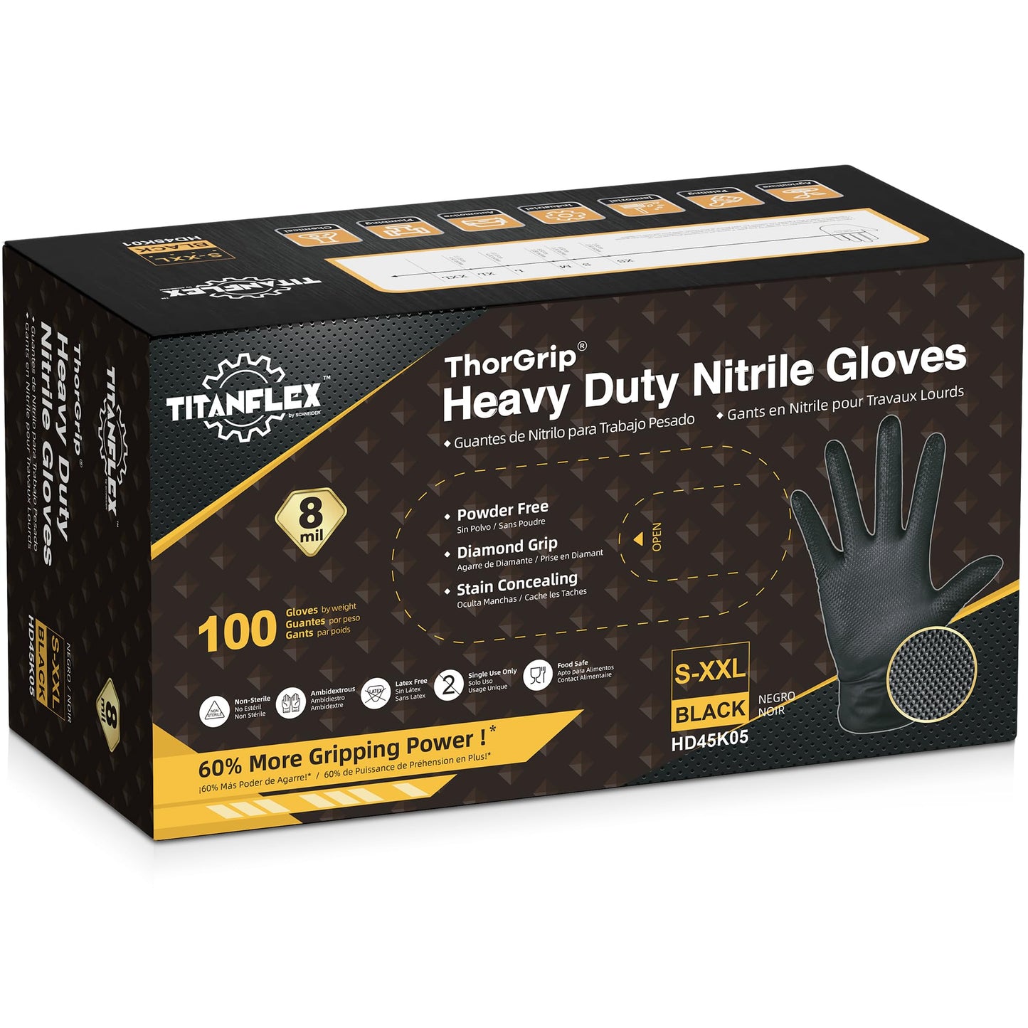 TitanFlex ThorGrip Heavy Duty Black Industrial Nitrile Gloves, 8-mil, Large, Box of 100, Latex Free, Raised Diamond Texture, Powder Free, Food Safe, Rubber Gloves, Mechanic Gloves - CookCave