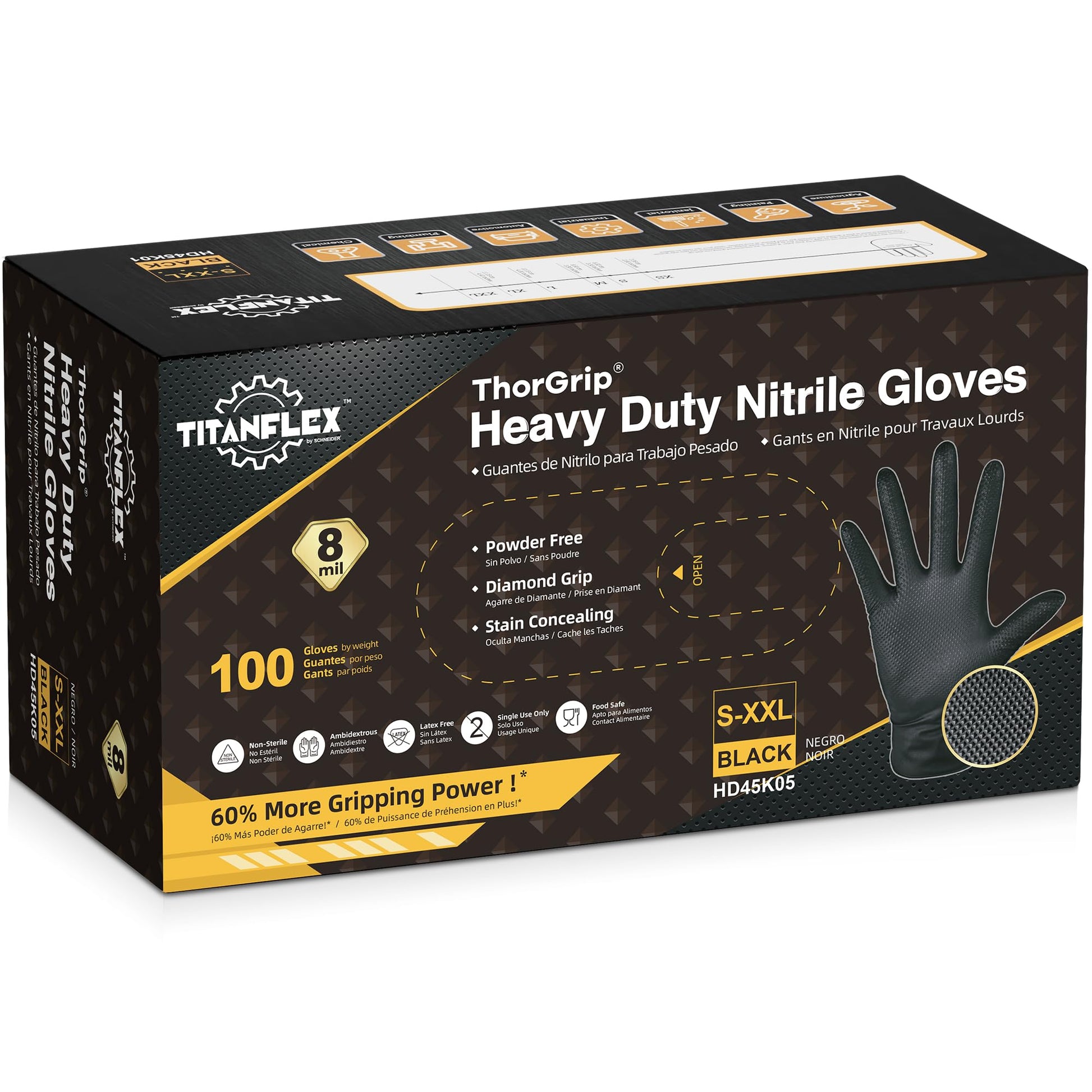 TitanFlex ThorGrip Heavy Duty Black Industrial Nitrile Gloves, 8-mil, Large, Box of 100, Latex Free, Raised Diamond Texture, Powder Free, Food Safe, Rubber Gloves, Mechanic Gloves - CookCave