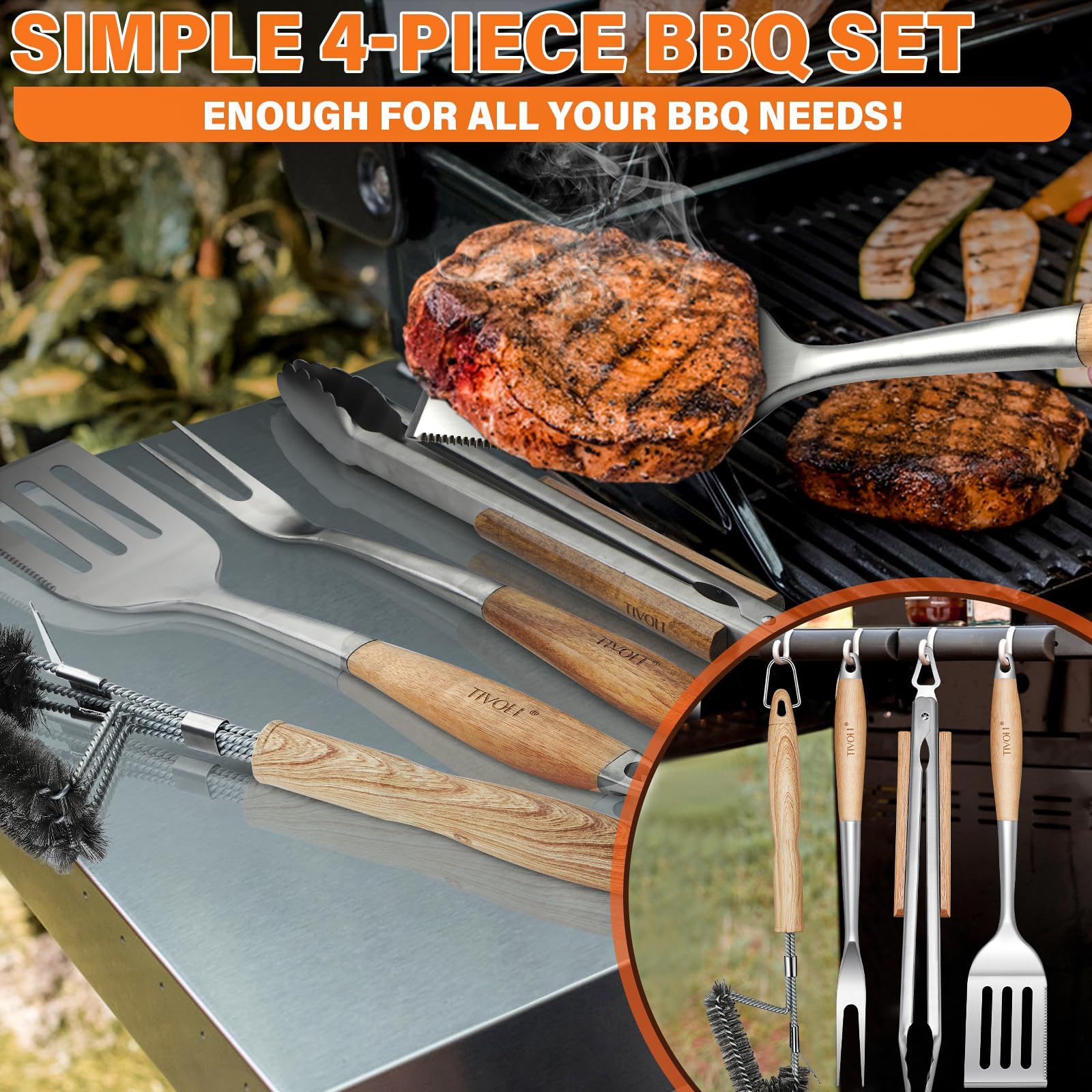 TIVOLI Grill Set 4PC BBQ Tools Set Grill Accessories with BBQ Spatula, BBQ Clips, Brushes, BBQ Forks Heavy Duty Grill Kit Grill Tools for Outdoor Grill with Wood Handles Gift Ideas for Dad Man - CookCave