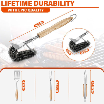 TIVOLI Grill Set 4PC BBQ Tools Set Grill Accessories with BBQ Spatula, BBQ Clips, Brushes, BBQ Forks Heavy Duty Grill Kit Grill Tools for Outdoor Grill with Wood Handles Gift Ideas for Dad Man - CookCave