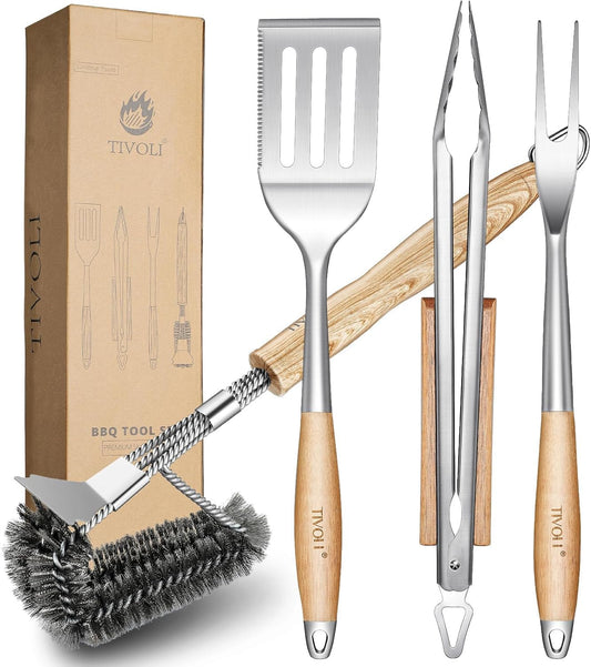 TIVOLI Grill Set 4PC BBQ Tools Set Grill Accessories with BBQ Spatula, BBQ Clips, Brushes, BBQ Forks Heavy Duty Grill Kit Grill Tools for Outdoor Grill with Wood Handles Gift Ideas for Dad Man - CookCave