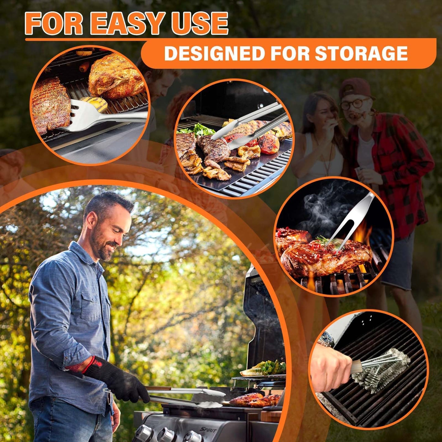TIVOLI Grill Set 4PC BBQ Tools Set Grill Accessories with BBQ Spatula, BBQ Clips, Brushes, BBQ Forks Heavy Duty Grill Kit Grill Tools for Outdoor Grill with Wood Handles Gift Ideas for Dad Man - CookCave