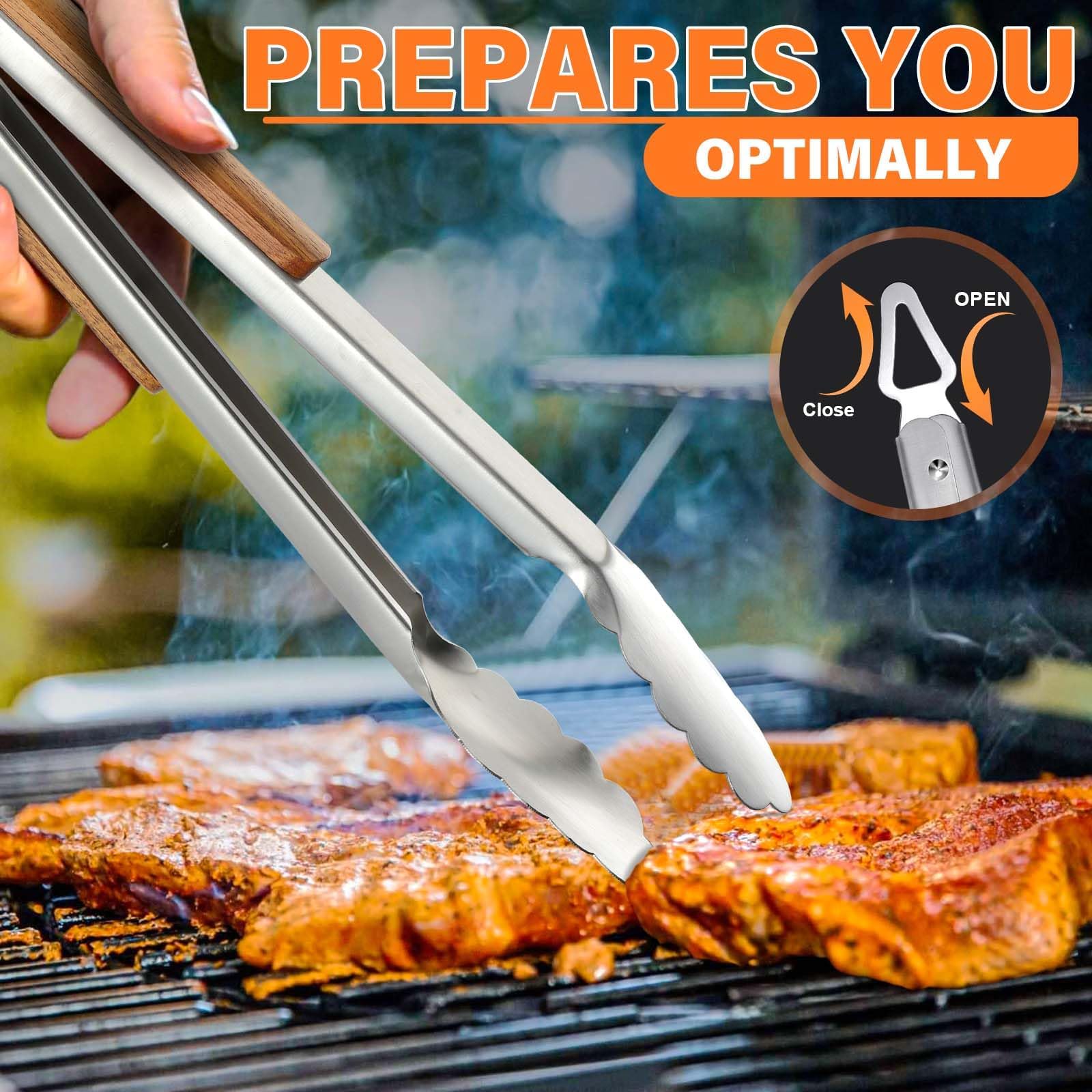 TIVOLI Grill Set 4PC BBQ Tools Set Grill Accessories with BBQ Spatula, BBQ Clips, Brushes, BBQ Forks Heavy Duty Grill Kit Grill Tools for Outdoor Grill with Wood Handles Gift Ideas for Dad Man - CookCave