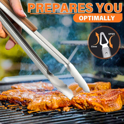 TIVOLI Grill Set 4PC BBQ Tools Set Grill Accessories with BBQ Spatula, BBQ Clips, Brushes, BBQ Forks Heavy Duty Grill Kit Grill Tools for Outdoor Grill with Wood Handles Gift Ideas for Dad Man - CookCave
