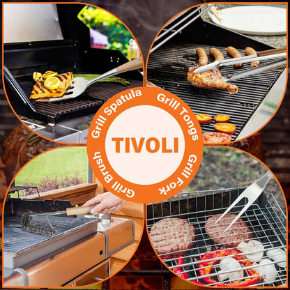 TIVOLI Grill Set 4PC BBQ Tools Set Grill Accessories with BBQ Spatula, BBQ Clips, Brushes, BBQ Forks Heavy Duty Grill Kit Grill Tools for Outdoor Grill with Wood Handles Gift Ideas for Dad Man - CookCave