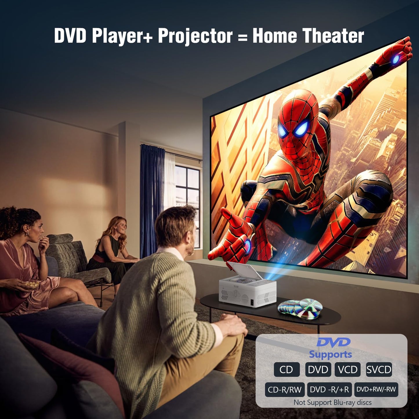 TMY Bluetooth Projector with DVD Player Built in, 1080P Mini Projector, Portable DVD Projector for Outdoor Movies, Compatible with Smartphone/PC/TV Stick/HDMI/USB/TF - CookCave