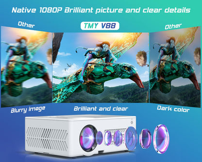 TMY Projector with WiFi and Bluetooth【100" screen included】Native 1080P Outdoor Projector, 4K Supported Portable Projector, Compatible with iOS/Android/PC/TV Stick/HDMI/USB, Indoor Outdoor Use - CookCave