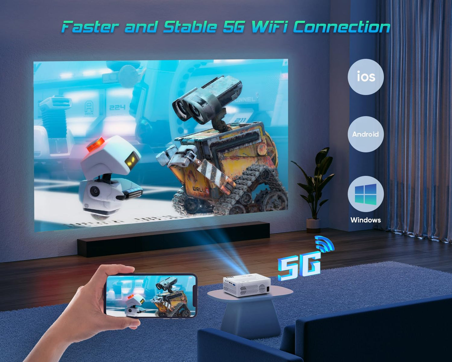 TMY Projector with WiFi and Bluetooth【100" screen included】Native 1080P Outdoor Projector, 4K Supported Portable Projector, Compatible with iOS/Android/PC/TV Stick/HDMI/USB, Indoor Outdoor Use - CookCave