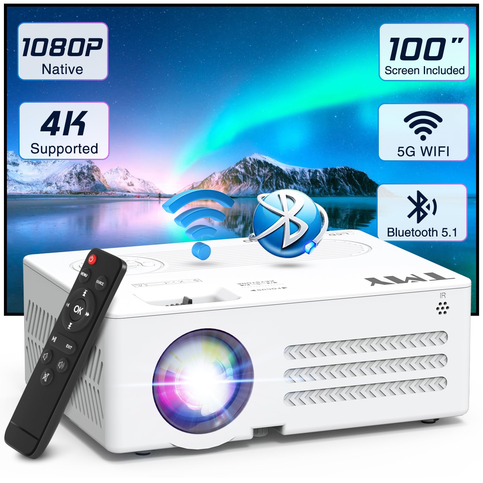 TMY Projector with WiFi and Bluetooth【100" screen included】Native 1080P Outdoor Projector, 4K Supported Portable Projector, Compatible with iOS/Android/PC/TV Stick/HDMI/USB, Indoor Outdoor Use - CookCave