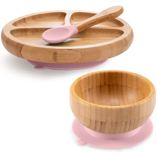 Toddler Bamboo Plates, Bowls and Spoon Set, Wooden Feeding Utensils for Infant’s Easy Self Eating at 1 Stage, Stay Put Silicone Suction Plate and Bowl and Soup Spoon for Baby Led Weaning - CookCave