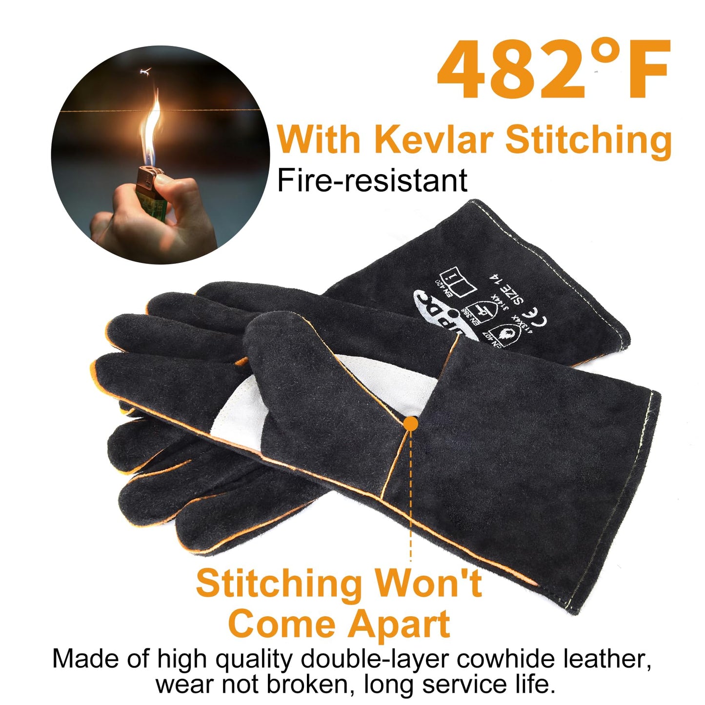 TOPDC Welding Gloves 14 Inches Fire/Heat Resistant Leather For Mig,Tig,Stick,Forge,BBQ,Grill, Fireplace,Wood Stove, Furnace,Pot,Oven - CookCave