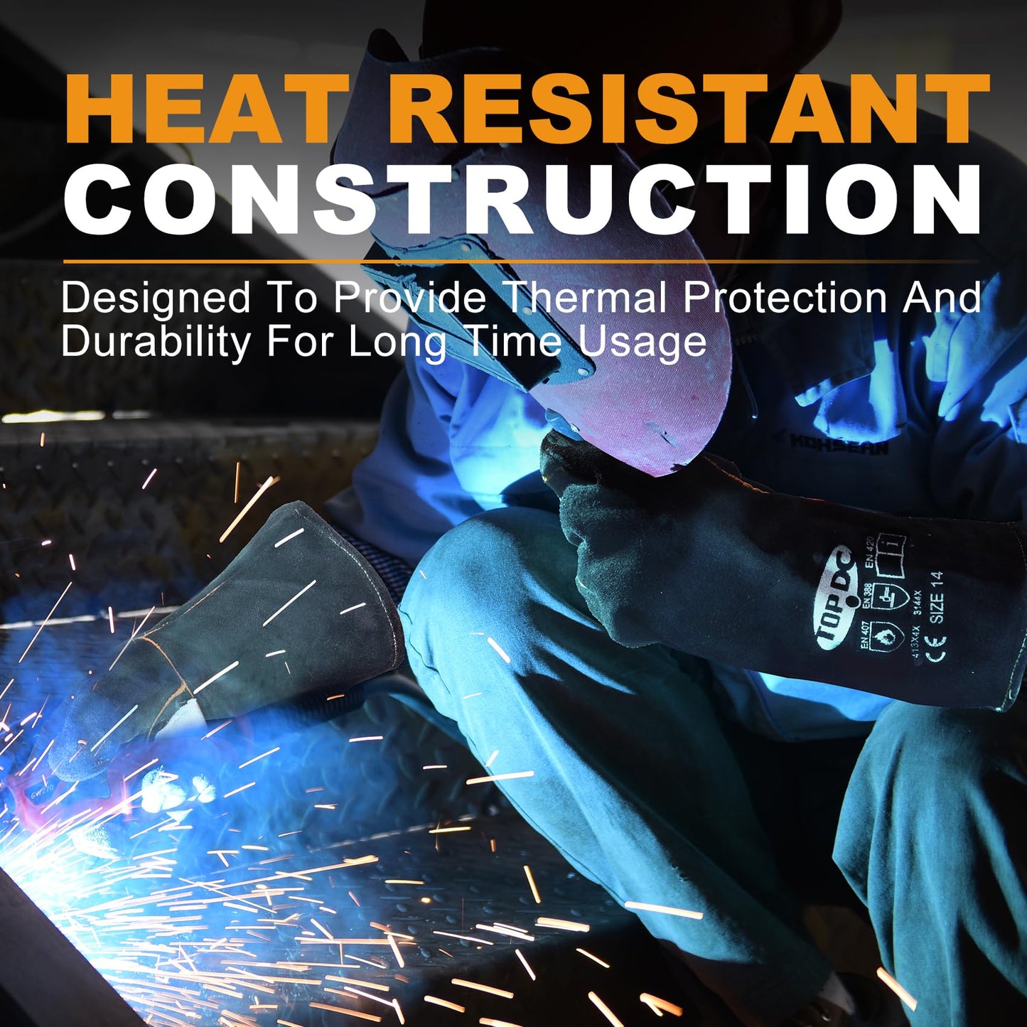 TOPDC Welding Gloves 14 Inches Fire/Heat Resistant Leather For Mig,Tig,Stick,Forge,BBQ,Grill, Fireplace,Wood Stove, Furnace,Pot,Oven - CookCave