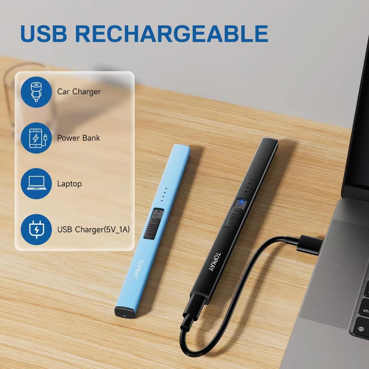 TOPKAY Electric Candle Lighter, Windproof Flameless USB Rechargeable Plasma Arc Long Lighter for Grill Firework Kitchen Camping (Black) - CookCave