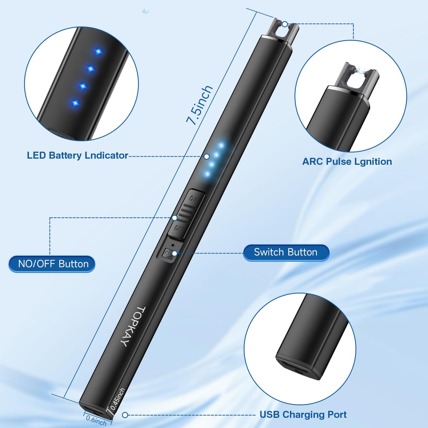TOPKAY Electric Candle Lighter, Windproof Flameless USB Rechargeable Plasma Arc Long Lighter for Grill Firework Kitchen Camping (Black) - CookCave