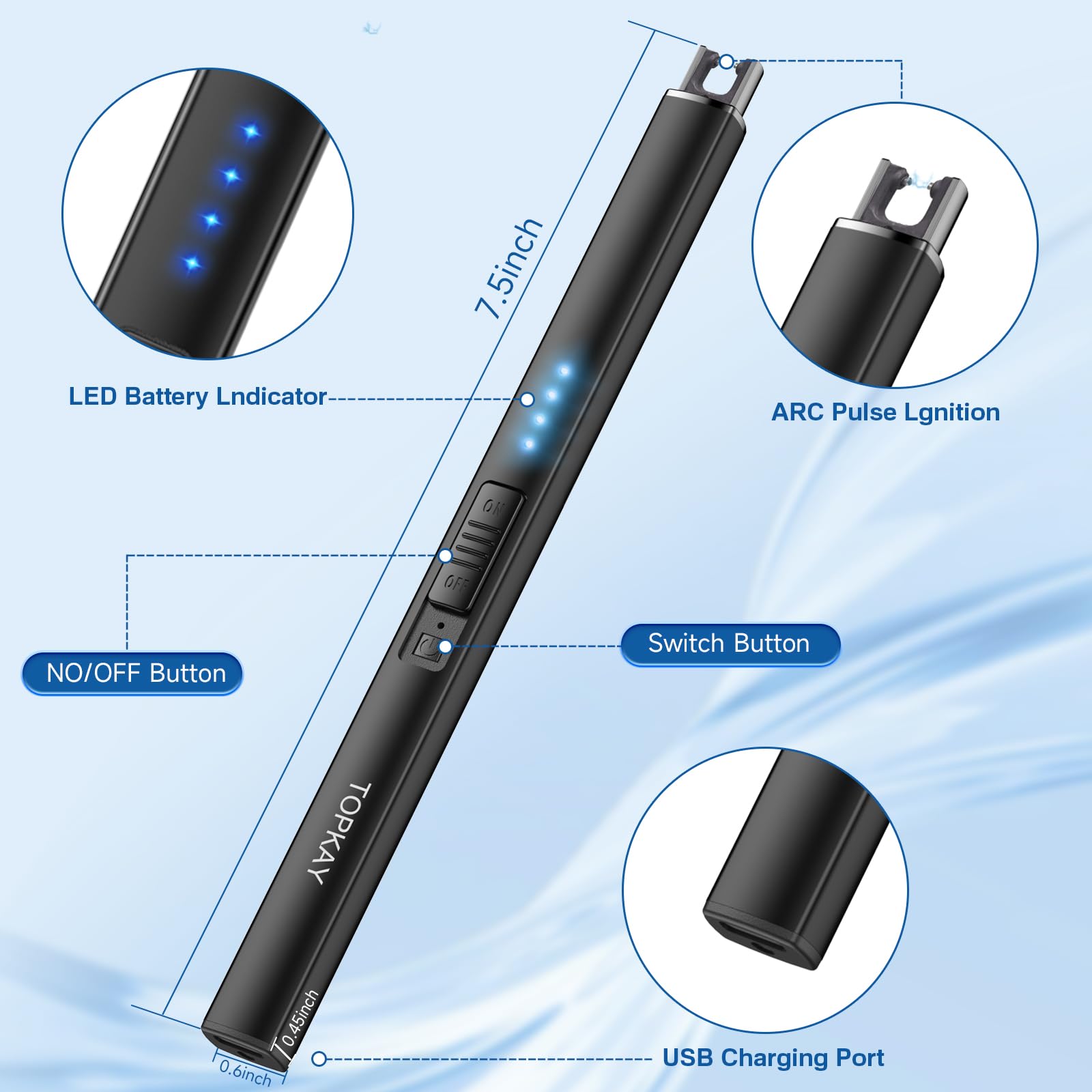 TOPKAY Electric Candle Lighter, Windproof Flameless USB Rechargeable Plasma Arc Long Lighter for Grill Firework Kitchen Camping (Black) - CookCave