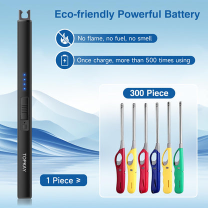 TOPKAY Electric Candle Lighter, Windproof Flameless USB Rechargeable Plasma Arc Long Lighter for Grill Firework Kitchen Camping (Black) - CookCave