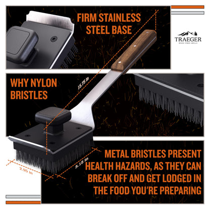 Traeger Grills BAC537 BBQ Cleaning Brush for Outdoor Grill – Stainless Steel Grill Scraper with Nylon Bristles, Teak Wood Handle, Dual Grip Design, and Hanging Loop - CookCave