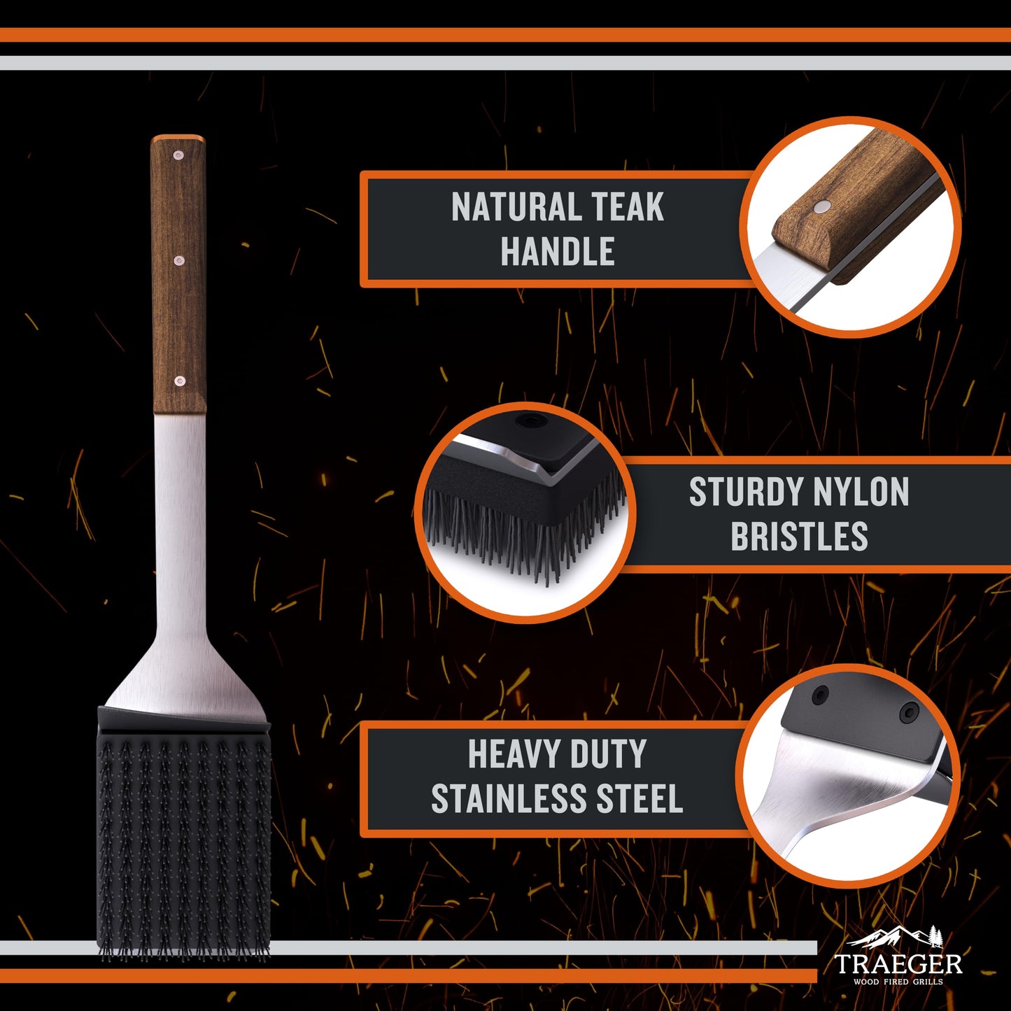Traeger Grills BAC537 BBQ Cleaning Brush for Outdoor Grill – Stainless Steel Grill Scraper with Nylon Bristles, Teak Wood Handle, Dual Grip Design, and Hanging Loop - CookCave