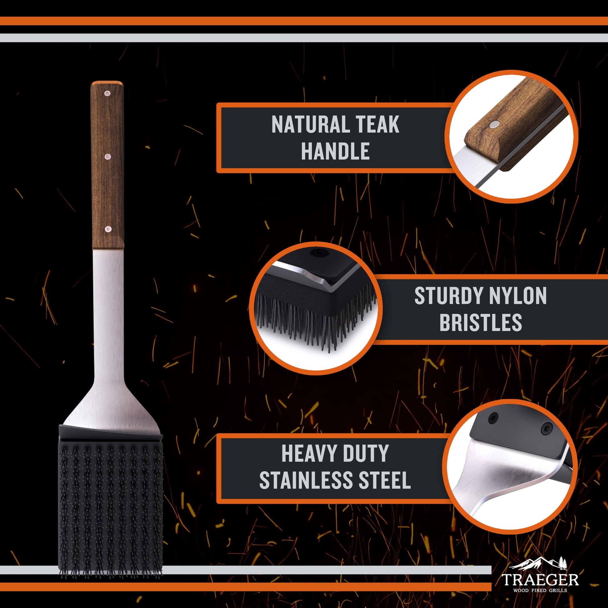 Traeger Grills BAC537 BBQ Cleaning Brush for Outdoor Grill – Stainless Steel Grill Scraper with Nylon Bristles, Teak Wood Handle, Dual Grip Design, and Hanging Loop - CookCave
