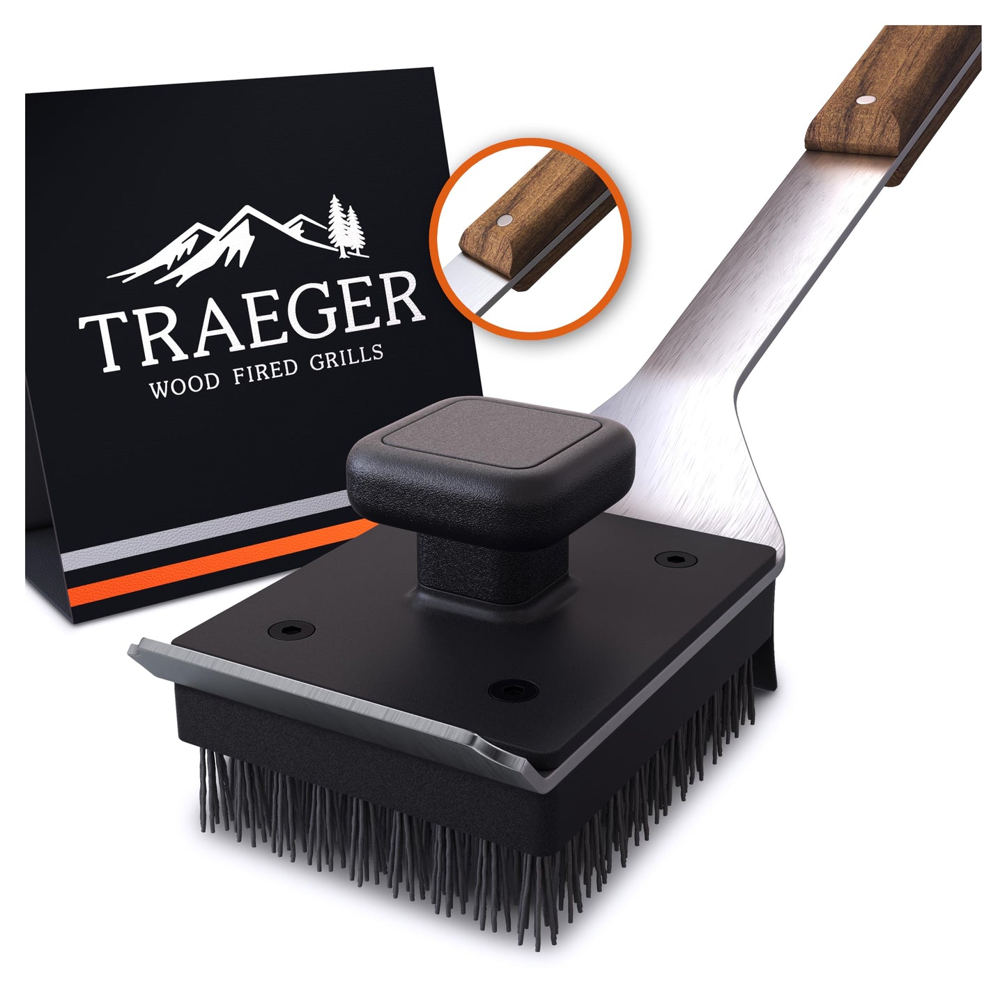 Traeger Grills BAC537 BBQ Cleaning Brush for Outdoor Grill – Stainless Steel Grill Scraper with Nylon Bristles, Teak Wood Handle, Dual Grip Design, and Hanging Loop - CookCave