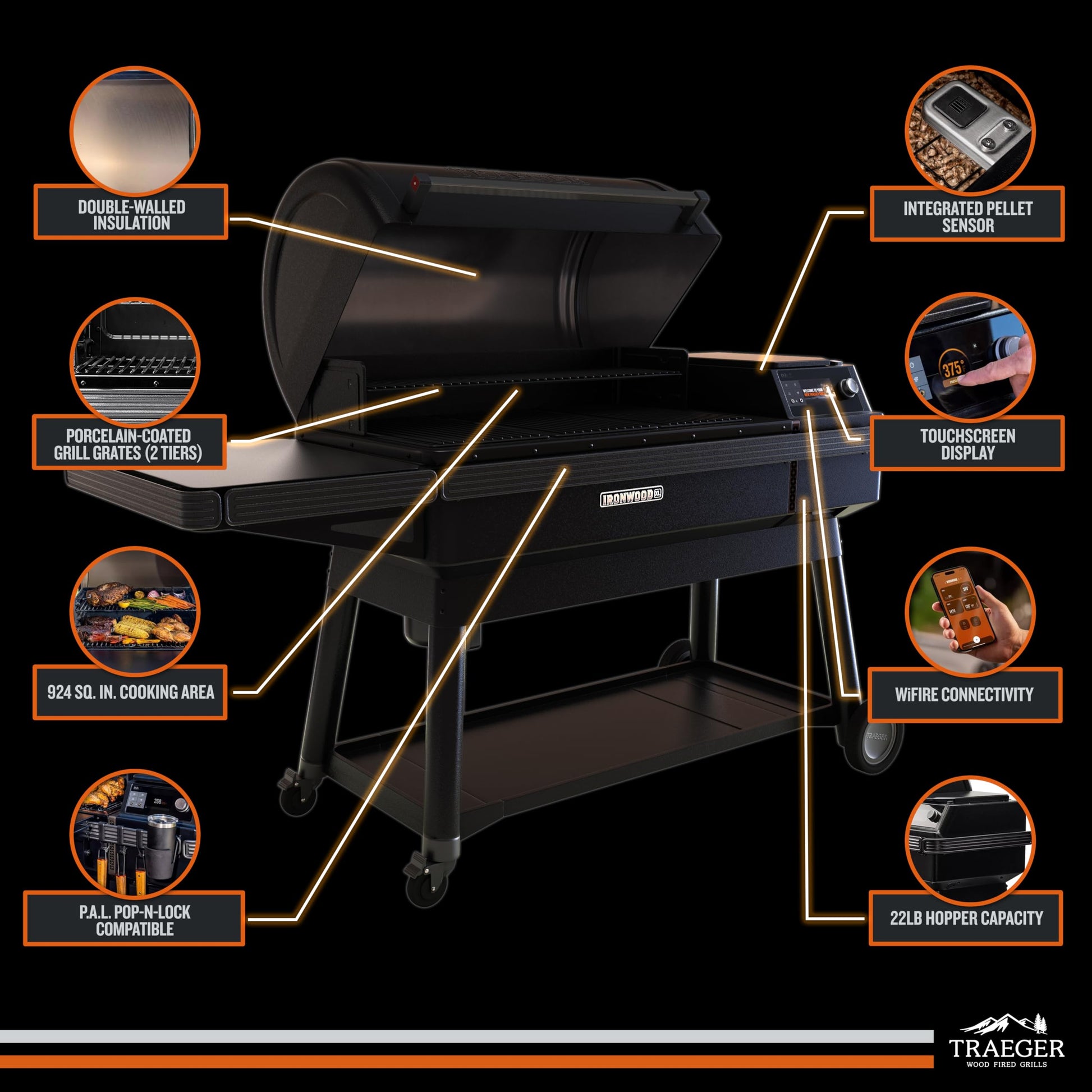 Traeger Ironwood XL Wood Pellet Smoker Grill, 924 Sq In Cooking Area, WiFIRE Smart Temperature Control, Up to 500 Degrees, Super Smoke Mode, 6 in 1 Outdoor BBQ Electric Smoker and Grill - CookCave