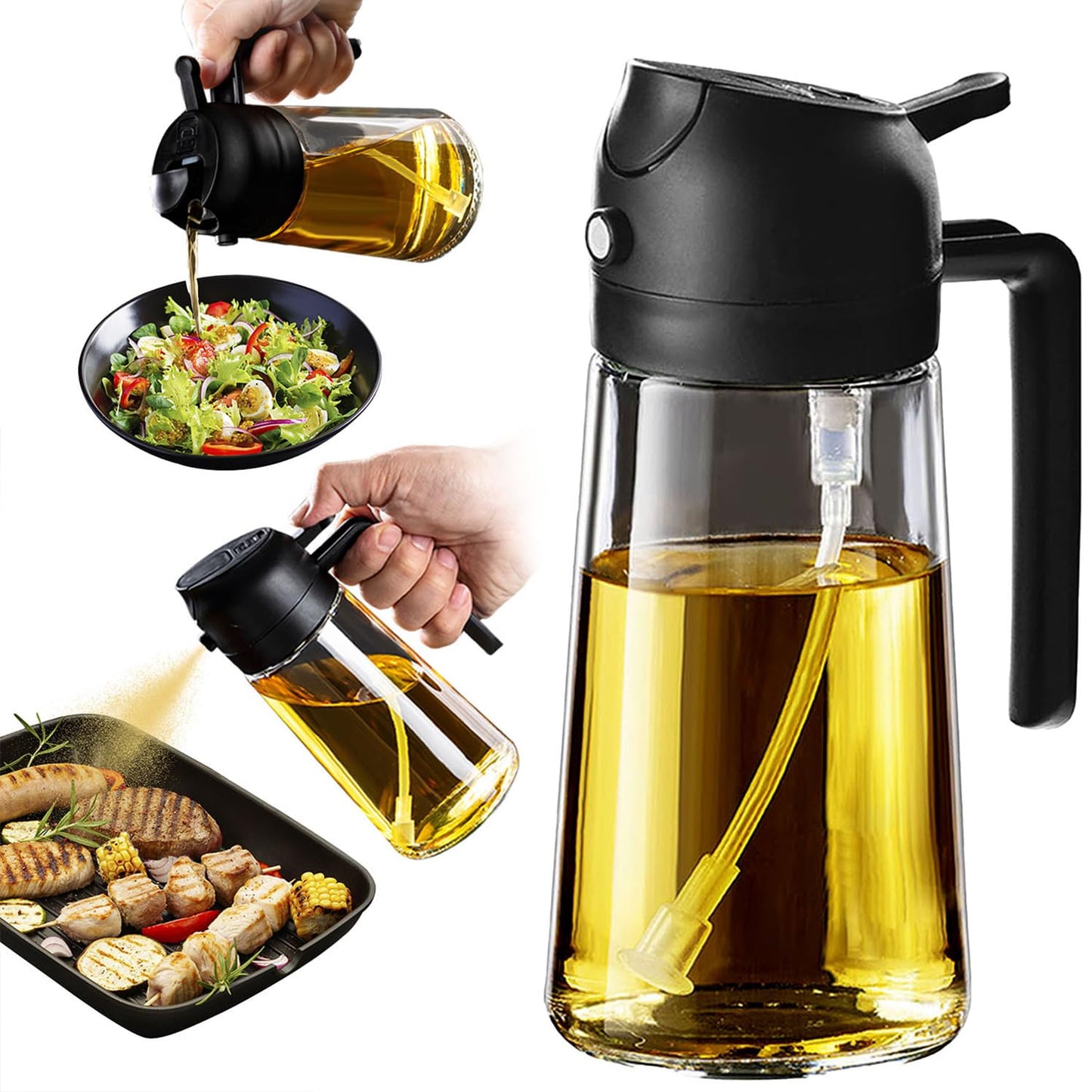TrendPlain 16oz/470ml Glass Olive Oil Sprayer for Cooking - 2 in 1 Olive Oil Dispenser for Kitchen Gadgets, Air Fryer, Salad, and BBQ - Black - CookCave