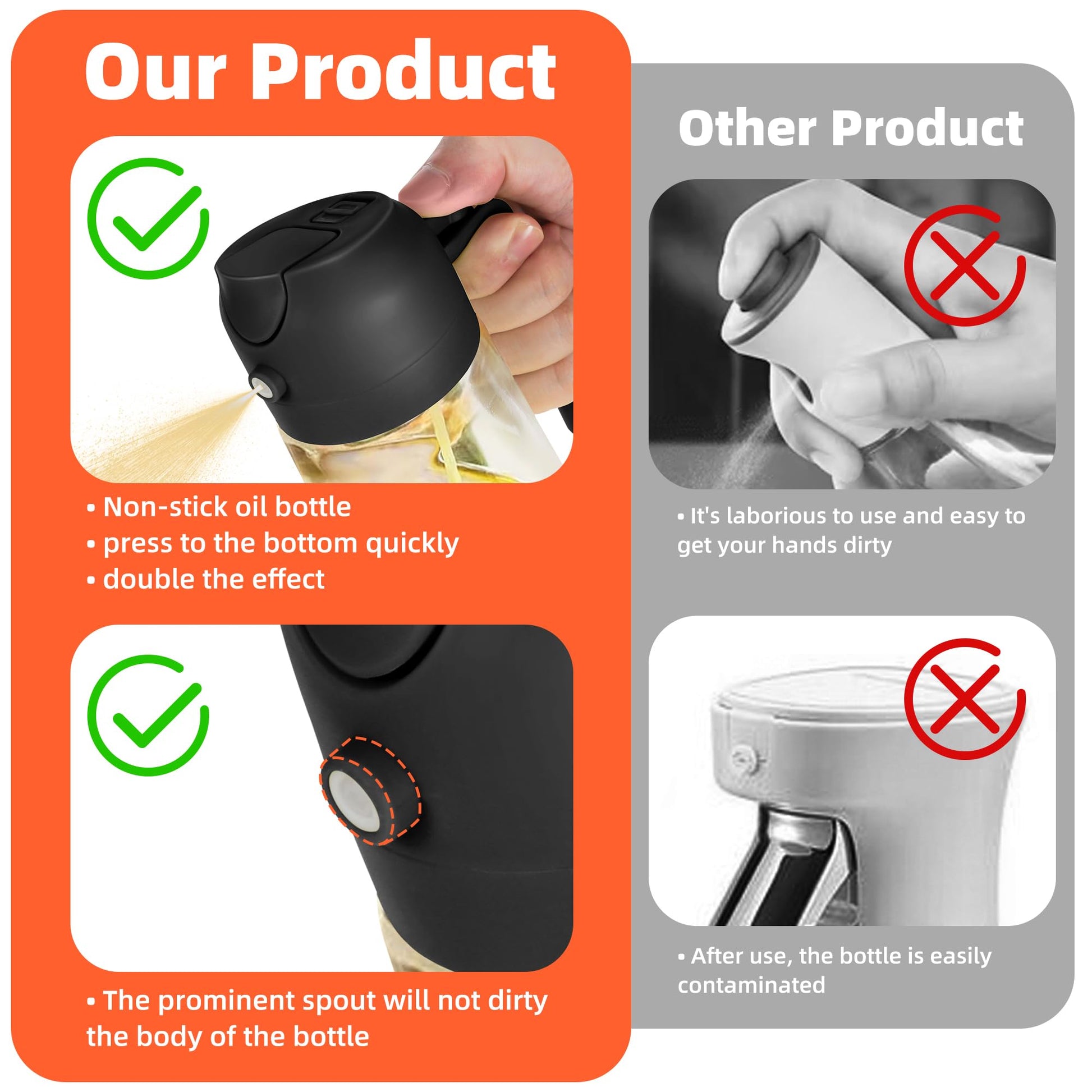 TrendPlain 16oz/470ml Glass Olive Oil Sprayer for Cooking - 2 in 1 Olive Oil Dispenser for Kitchen Gadgets, Air Fryer, Salad, and BBQ - Black - CookCave