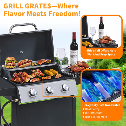 Tufons 3-Burner Propane Gas BBQ Grill with Warming Rack, Stainless Steel Gas Grill with 25,650 BTUs Output for Outdoor,Camping,Barbecue Grilling & Backyard Cooking,Black and Silver - CookCave