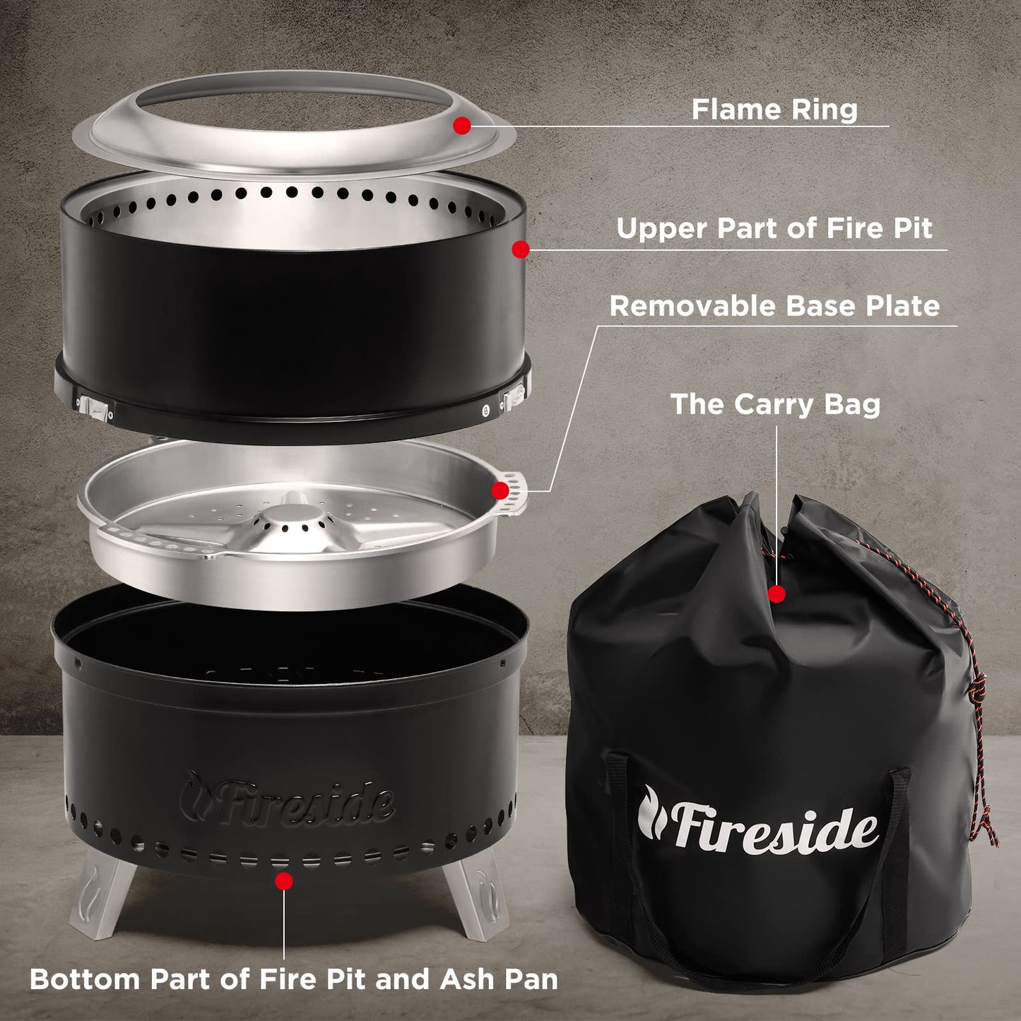 TURBRO 19 Inch Smokeless Fire Pit for Outdoor Wood Burning, Portable Stainless Steel Camping Stove with Stand, Removable Ash Pan, Waterproof Storage Bag, Unique Nested Design, Pluto R19-PG, Black - CookCave
