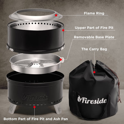 TURBRO 19 Inch Smokeless Fire Pit for Outdoor Wood Burning, Portable Stainless Steel Camping Stove with Stand, Removable Ash Pan, Waterproof Storage Bag, Unique Nested Design, Pluto R19-PG, Black - CookCave