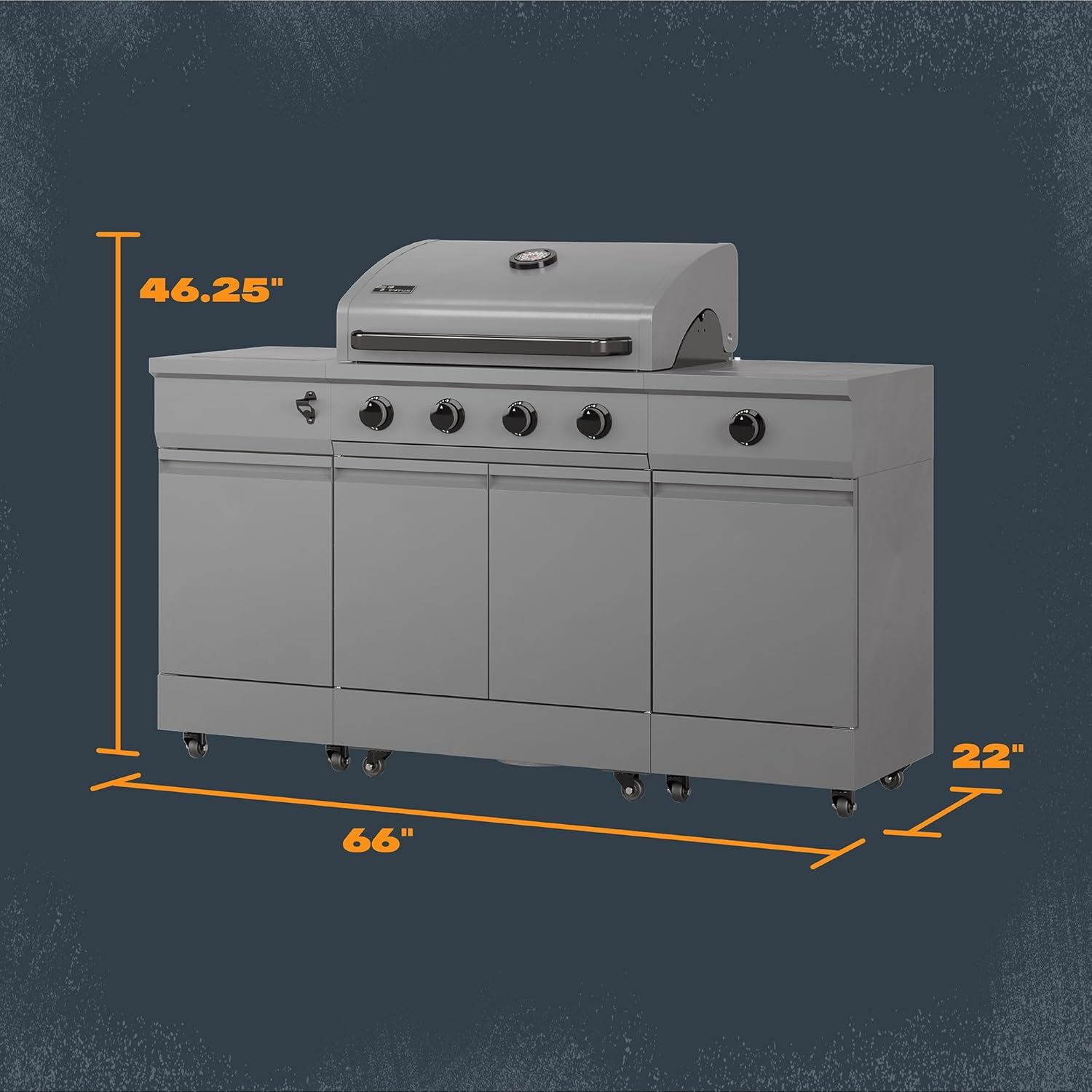 Tytus Fresno 5 Burner Propane or Natural Gas Island Grill with Cover and LED Light - 864 sq. in. Cooking Area, 48,000 BTU Grill, 12,000 BTU Side Burner - All Gunmetal - CookCave