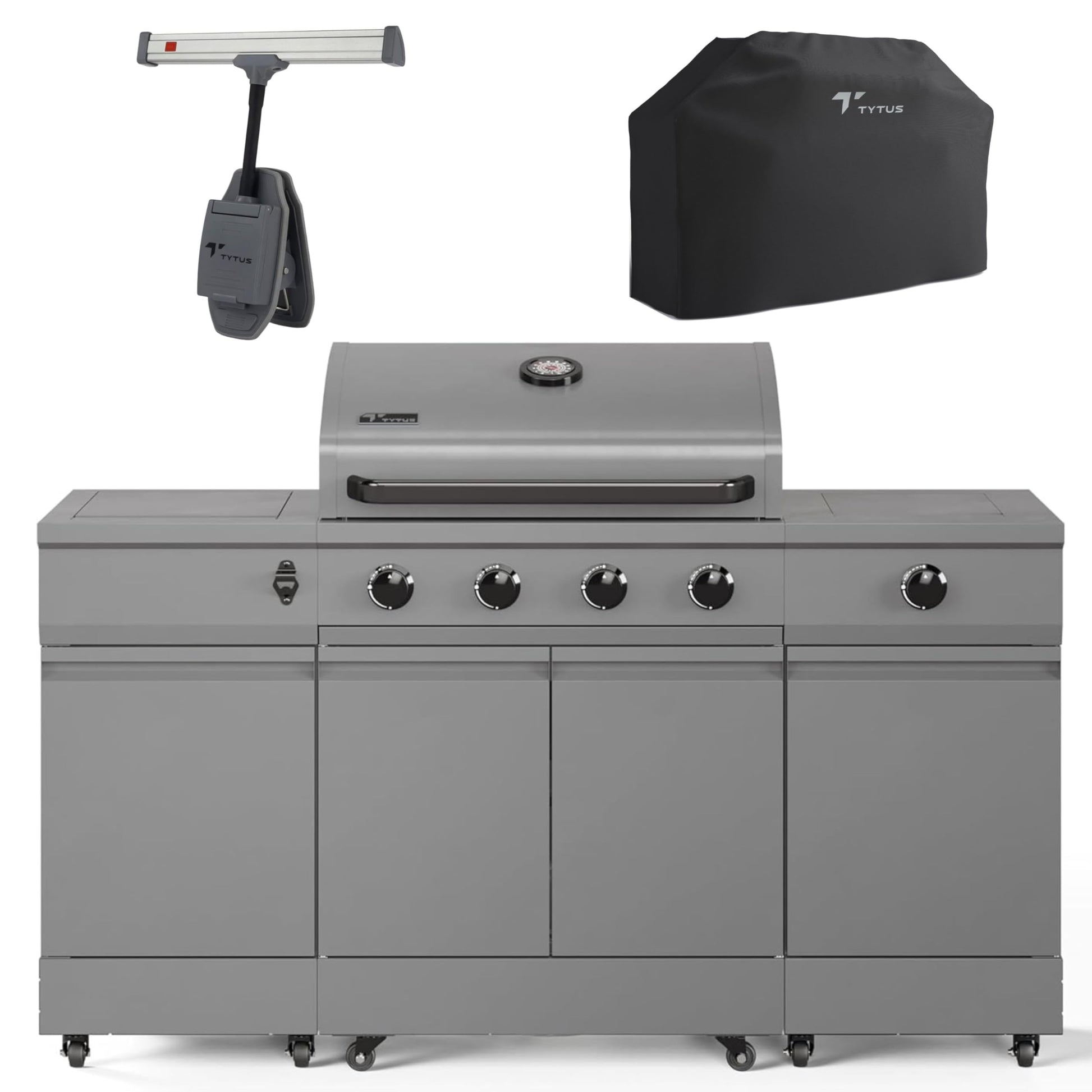 Tytus Fresno 5 Burner Propane or Natural Gas Island Grill with Cover and LED Light - 864 sq. in. Cooking Area, 48,000 BTU Grill, 12,000 BTU Side Burner - All Gunmetal - CookCave