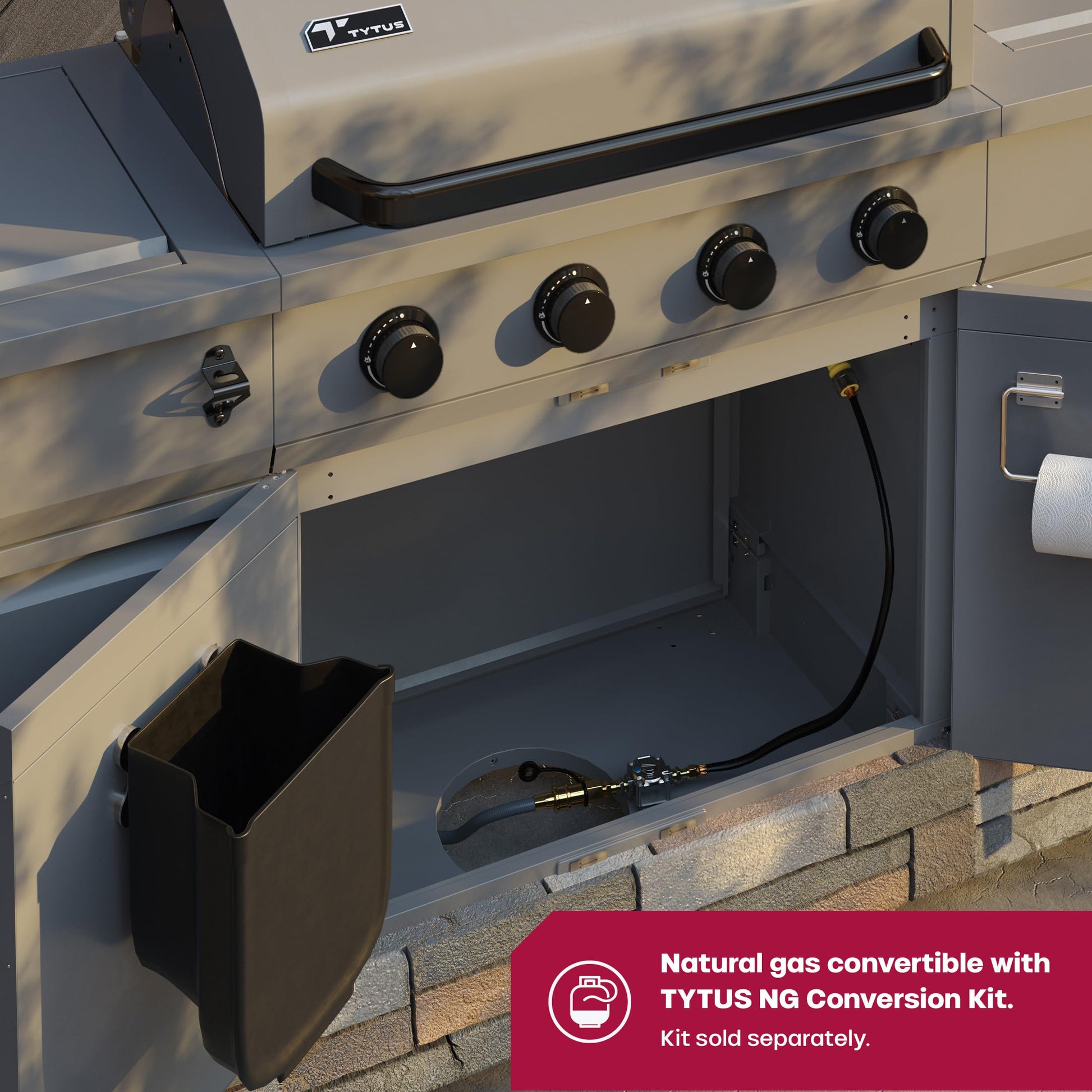 Tytus Fresno 5 Burner Propane or Natural Gas Island Grill with Cover, Pizza Stone & LED Light - 864 sq. in. Cooking Area, 48,000 BTU Grill, 12,000 BTU Side Burner - All Gunmetal - CookCave