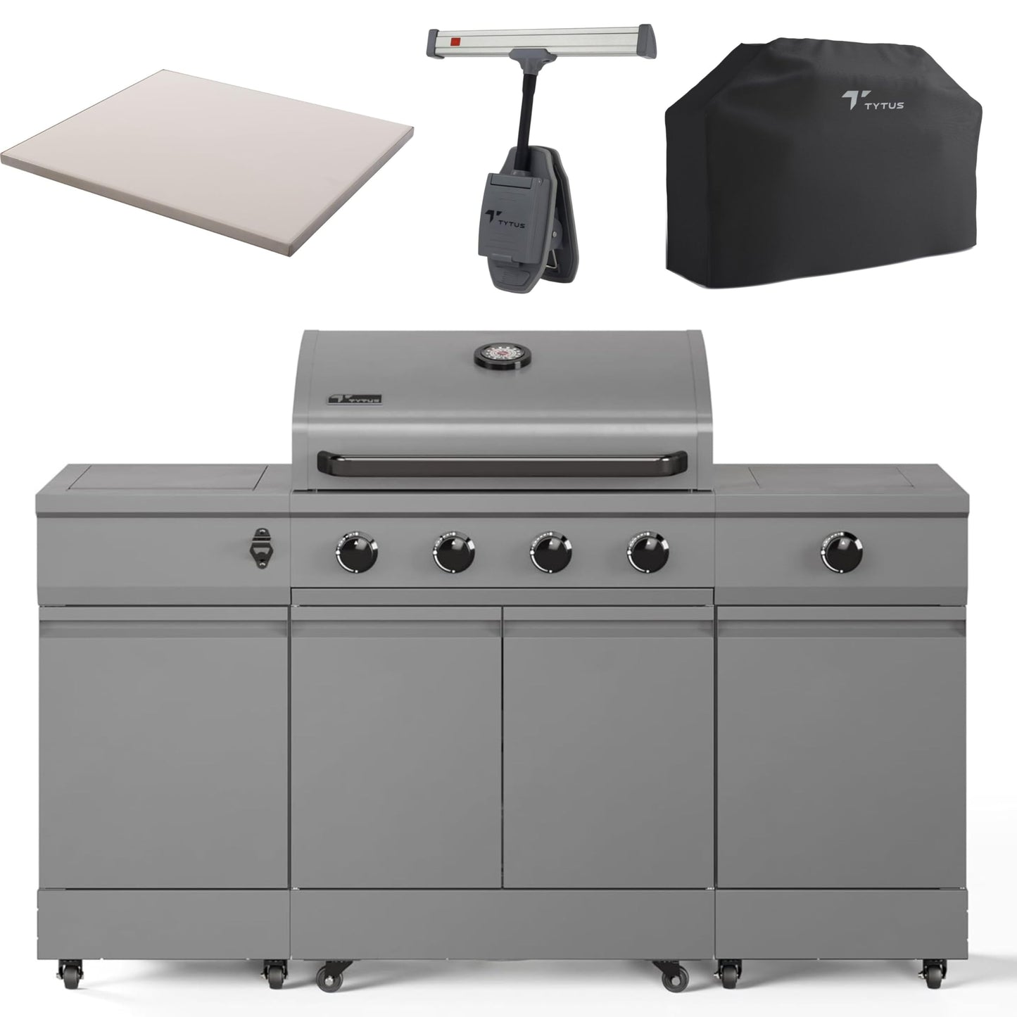 Tytus Fresno 5 Burner Propane or Natural Gas Island Grill with Cover, Pizza Stone & LED Light - 864 sq. in. Cooking Area, 48,000 BTU Grill, 12,000 BTU Side Burner - All Gunmetal - CookCave