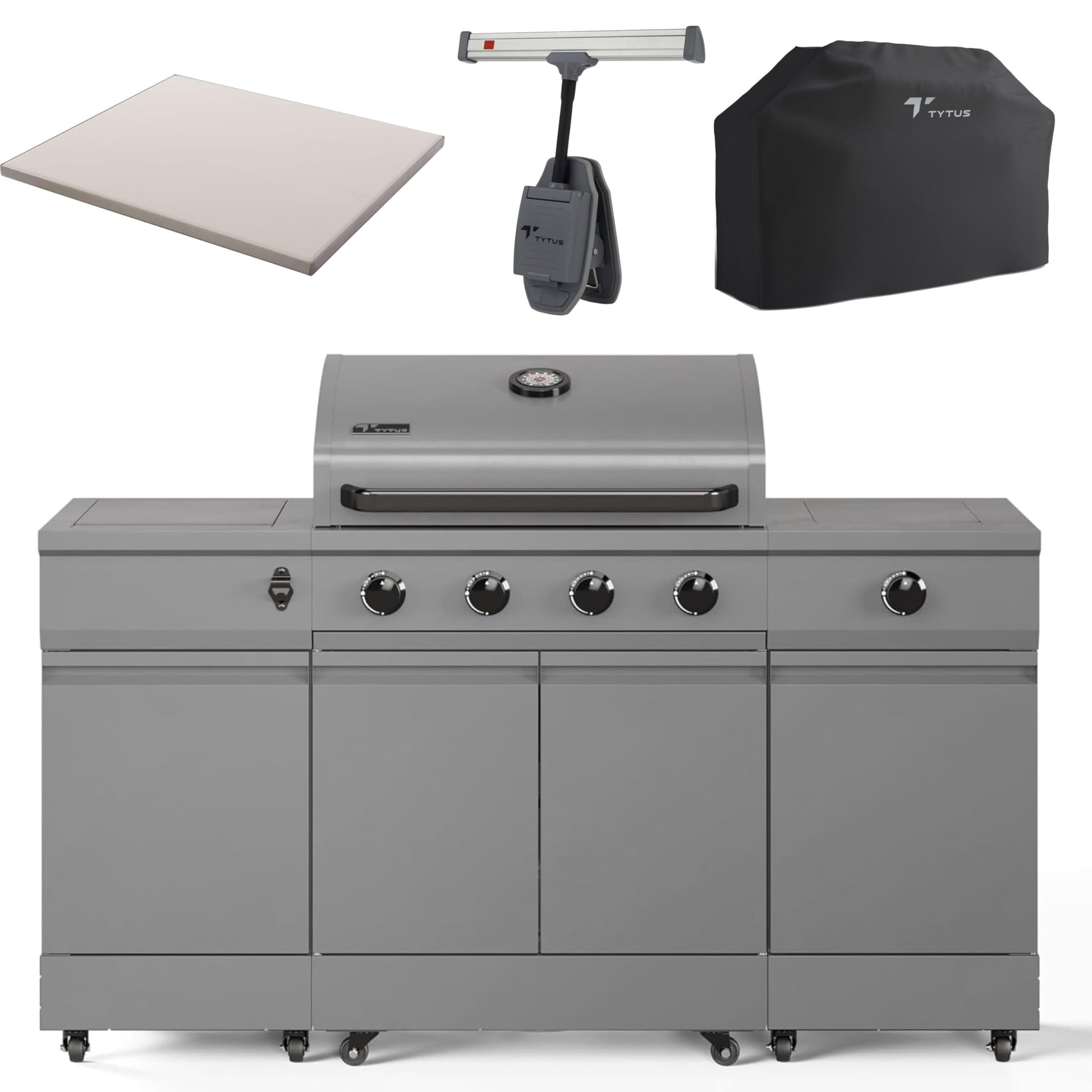 Tytus Fresno 5 Burner Propane or Natural Gas Island Grill with Cover, Pizza Stone & LED Light - 864 sq. in. Cooking Area, 48,000 BTU Grill, 12,000 BTU Side Burner - All Gunmetal - CookCave