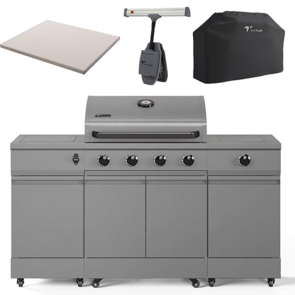 Tytus Fresno 5 Burner Propane or Natural Gas Island Grill with Cover, Pizza Stone & LED Light - 864 sq. in. Cooking Area, 48,000 BTU Grill, 12,000 BTU Side Burner - All Gunmetal - CookCave