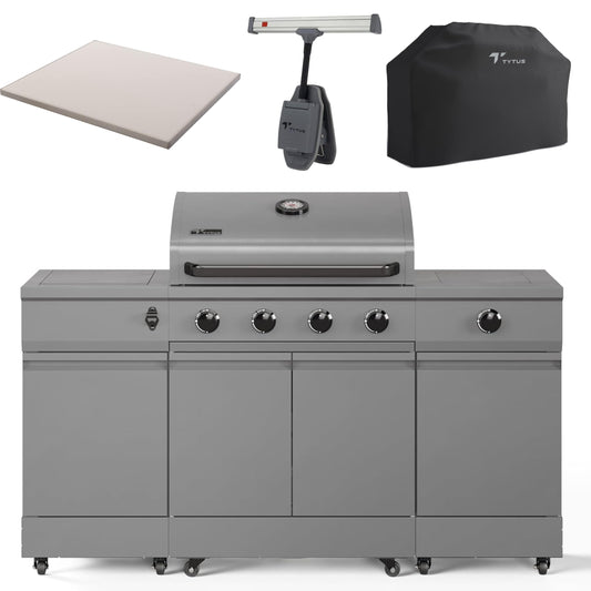 Tytus Fresno 5 Burner Propane or Natural Gas Island Grill with Cover, Pizza Stone & LED Light - 864 sq. in. Cooking Area, 48,000 BTU Grill, 12,000 BTU Side Burner - All Gunmetal - CookCave