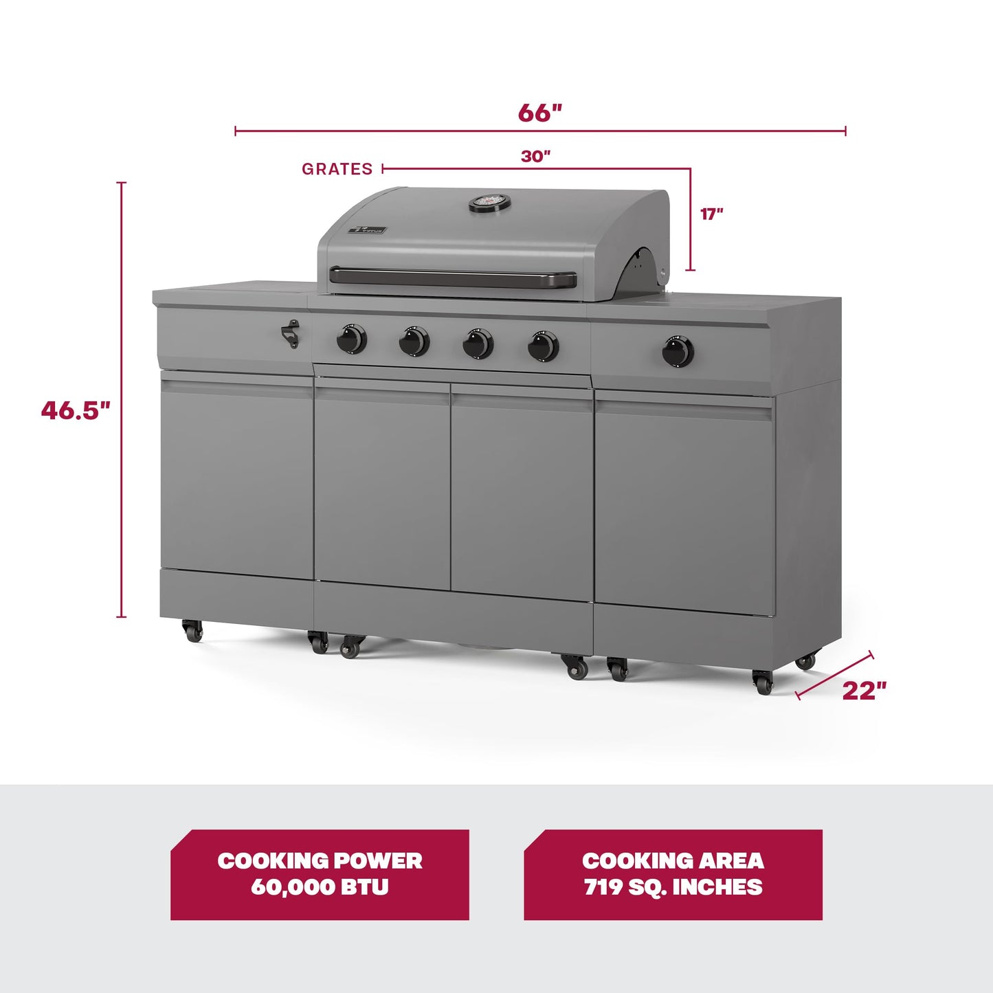 Tytus Fresno 5 Burner Propane or Natural Gas Island Grill with Cover, Pizza Stone & LED Light - 864 sq. in. Cooking Area, 48,000 BTU Grill, 12,000 BTU Side Burner - All Gunmetal - CookCave