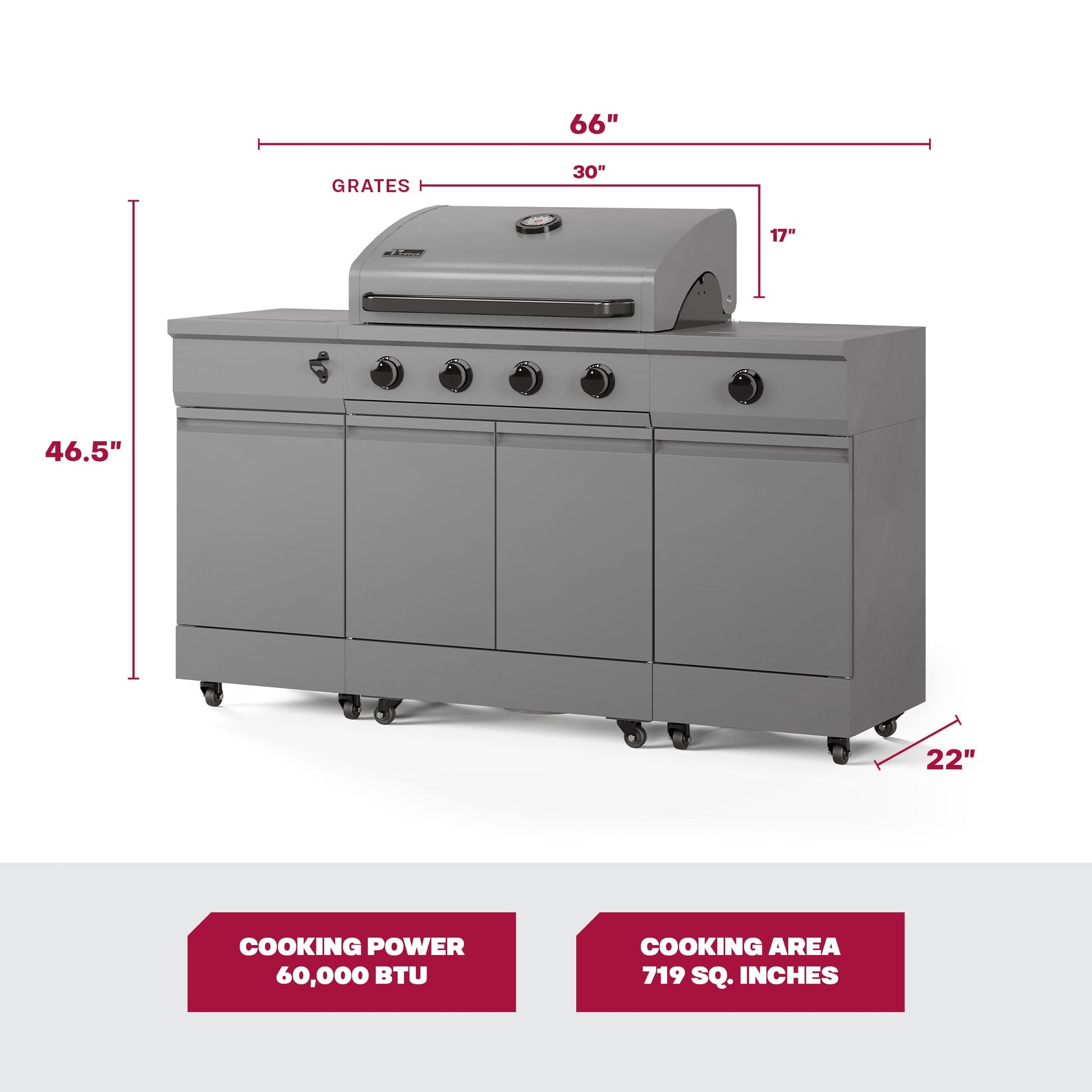 Tytus Fresno 5 Burner Propane or Natural Gas Island Grill with Cover, Pizza Stone & LED Light - 864 sq. in. Cooking Area, 48,000 BTU Grill, 12,000 BTU Side Burner - All Gunmetal - CookCave