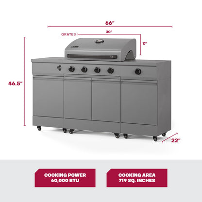 Tytus Fresno 5 Burner Propane or Natural Gas Island Grill with Cover, Pizza Stone & LED Light - 864 sq. in. Cooking Area, 48,000 BTU Grill, 12,000 BTU Side Burner - All Gunmetal - CookCave