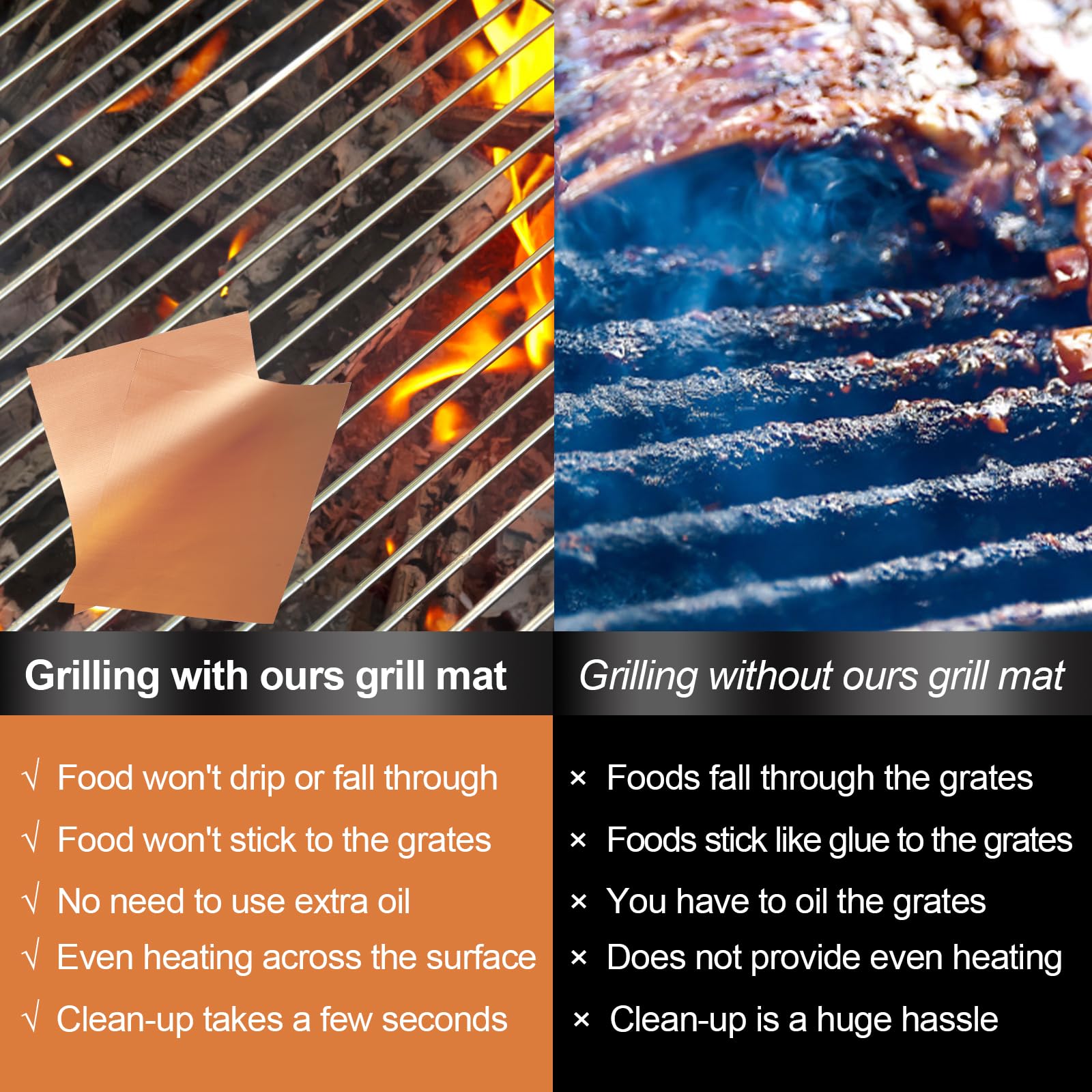 UBeesize Copper Grill Mats, Set of 6 Heavy Duty Non-Stick BBQ & Baking Mats - Reusable, Easy to Clean for Gas, Charcoal, Electric Grills - 15.75 x 13 Inch - CookCave