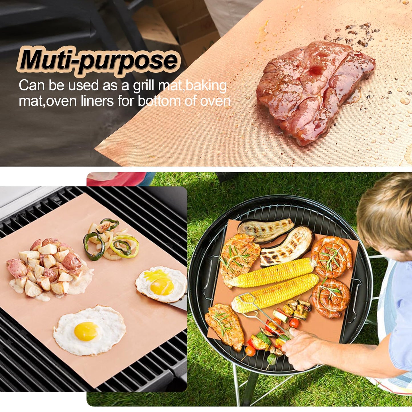 UBeesize Copper Grill Mats, Set of 6 Heavy Duty Non-Stick BBQ & Baking Mats - Reusable, Easy to Clean for Gas, Charcoal, Electric Grills - 15.75 x 13 Inch - CookCave