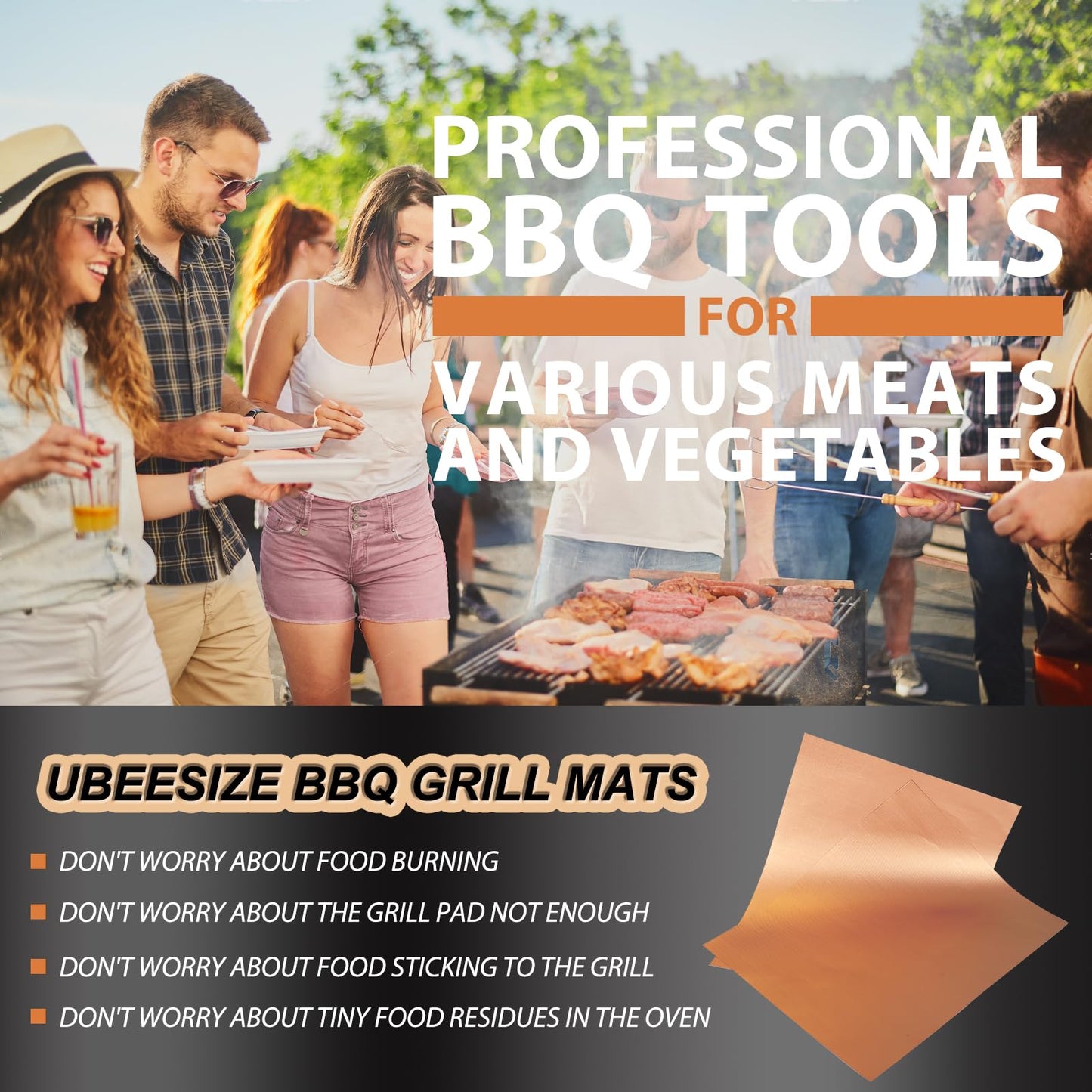 UBeesize Copper Grill Mats, Set of 6 Heavy Duty Non-Stick BBQ & Baking Mats - Reusable, Easy to Clean for Gas, Charcoal, Electric Grills - 15.75 x 13 Inch - CookCave