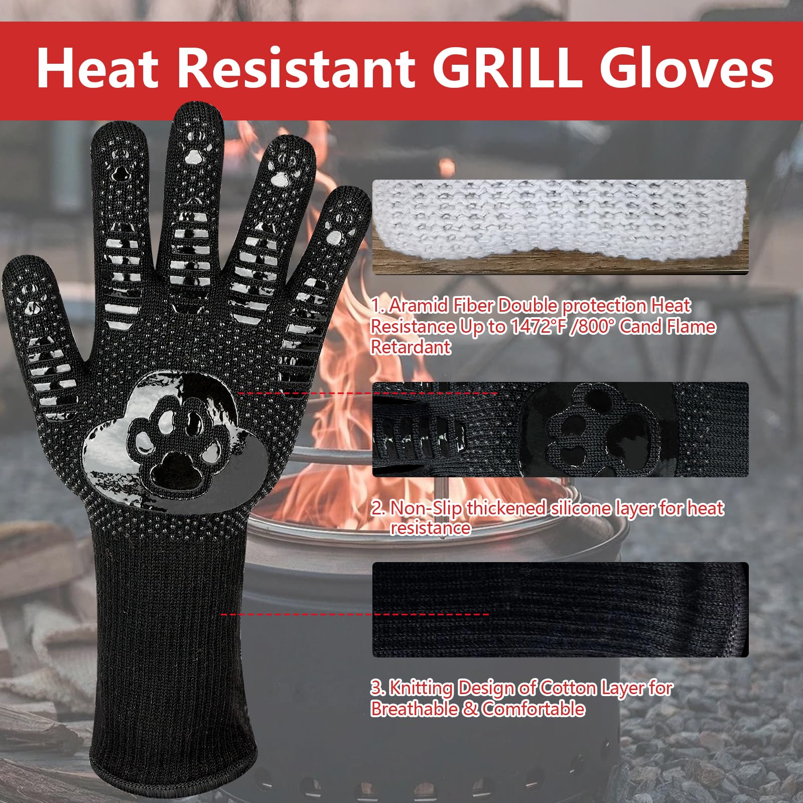 UBeesize Lengthen BBQ Gloves, 1472°F Heat Resistant Grill Glove, 14 inch Fireproof Oven Gloves for Cooking, Non-Slip Fire Glove for Grilling, Barbecue, Smoker, Baking, Frying - CookCave