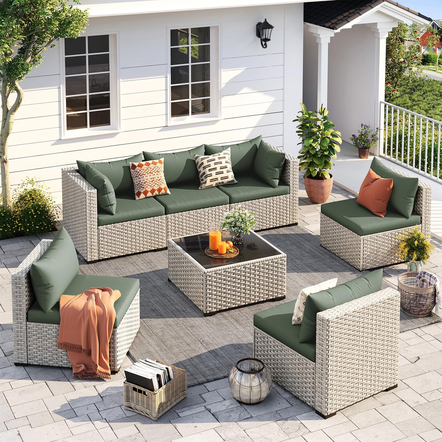 UDPATIO Outdoor Patio Furniture Set, 7-Piece PE Wicker Sectional Sofa with Tea Table, Outdoor Conversation Set for Patio, Garden, Backyard Green - CookCave